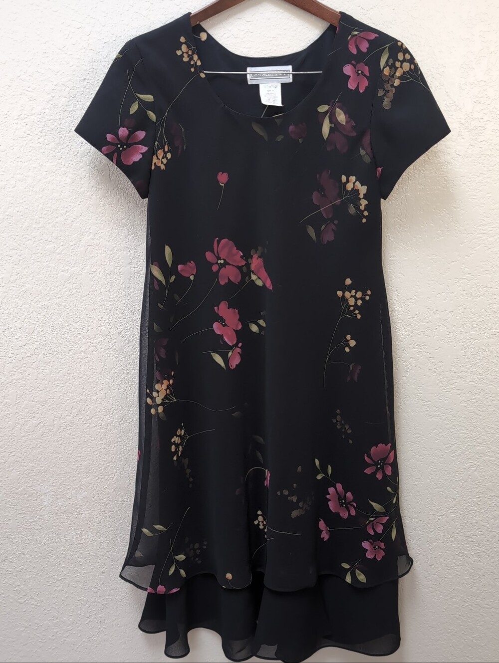 Vintage Black Short-sleeve Midi Dress With Floral Pattern + Layered Ruffle Hem.